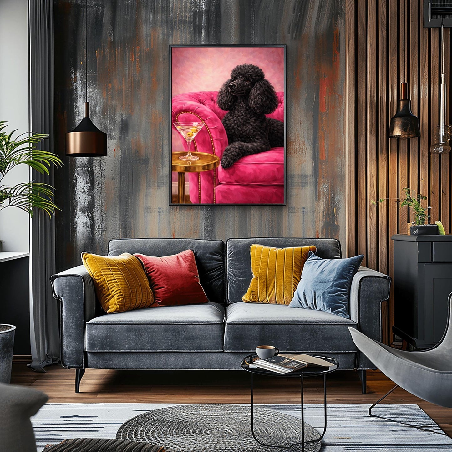 A vertical oil-style painting of a sophisticated black poodle with fluffy, well-groomed fur. The poodle is lying on a vibrant hot pink velvet tufted sofa. In the foreground, a martini glass with two green olives sits on a polished round gold side table. The background is a textured light pink, and the overall mood is glamorous, colorful, and maximalist.