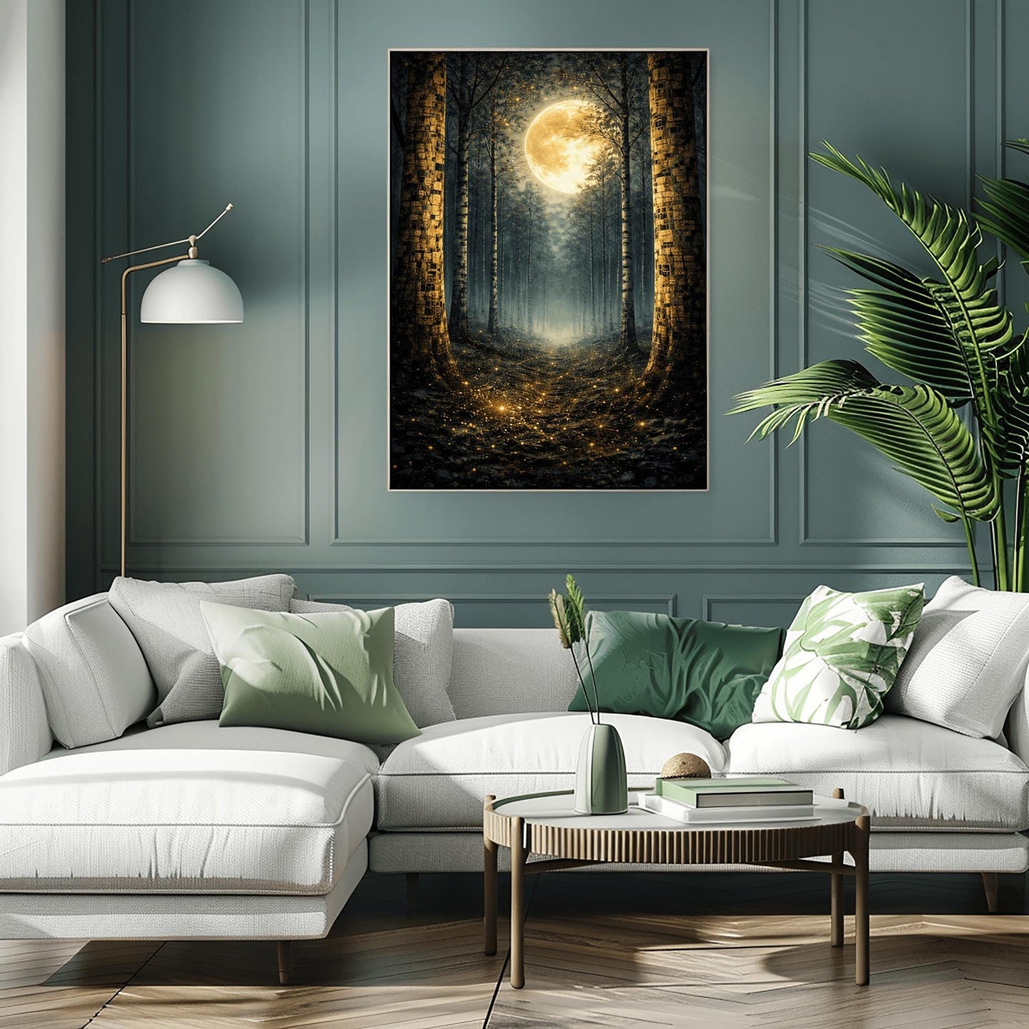 A vertical art print in the style of Gustav Klimt showing a dark forest at night. Tall, dark, silhouetted tree trunks frame a central path that leads toward a bright light in the distance. A massive, glowing golden moon with intricate textures dominates the upper center of the image. The base of the trees and the forest floor are sprinkled with shimmering gold mosaic patterns and light specks, contrasting sharply against the dark background.