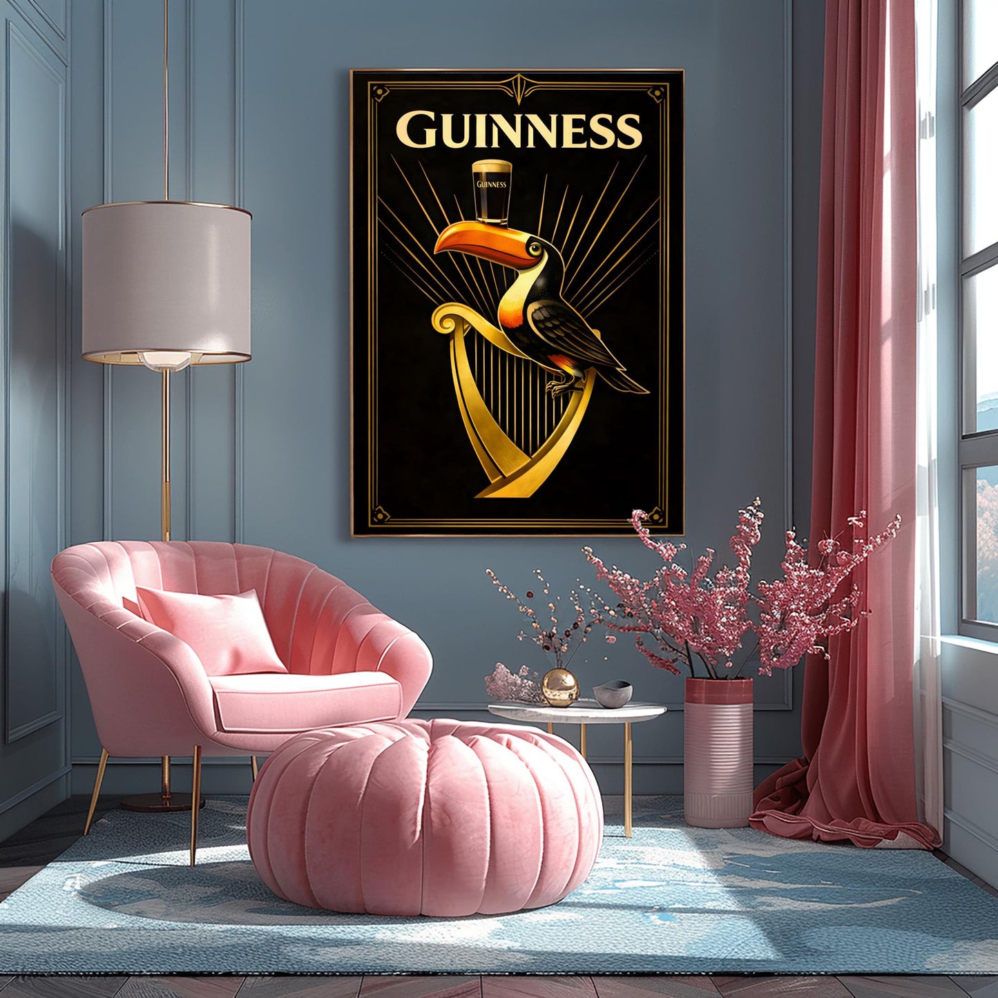 A vertical Art Deco style poster for Guinness. A colorful toucan perches on a large golden harp against a black background. Golden rays of light radiate from behind the toucan, which is balancing a pint of beer on its beak. The word "GUINNESS" is written in large gold letters at the top.