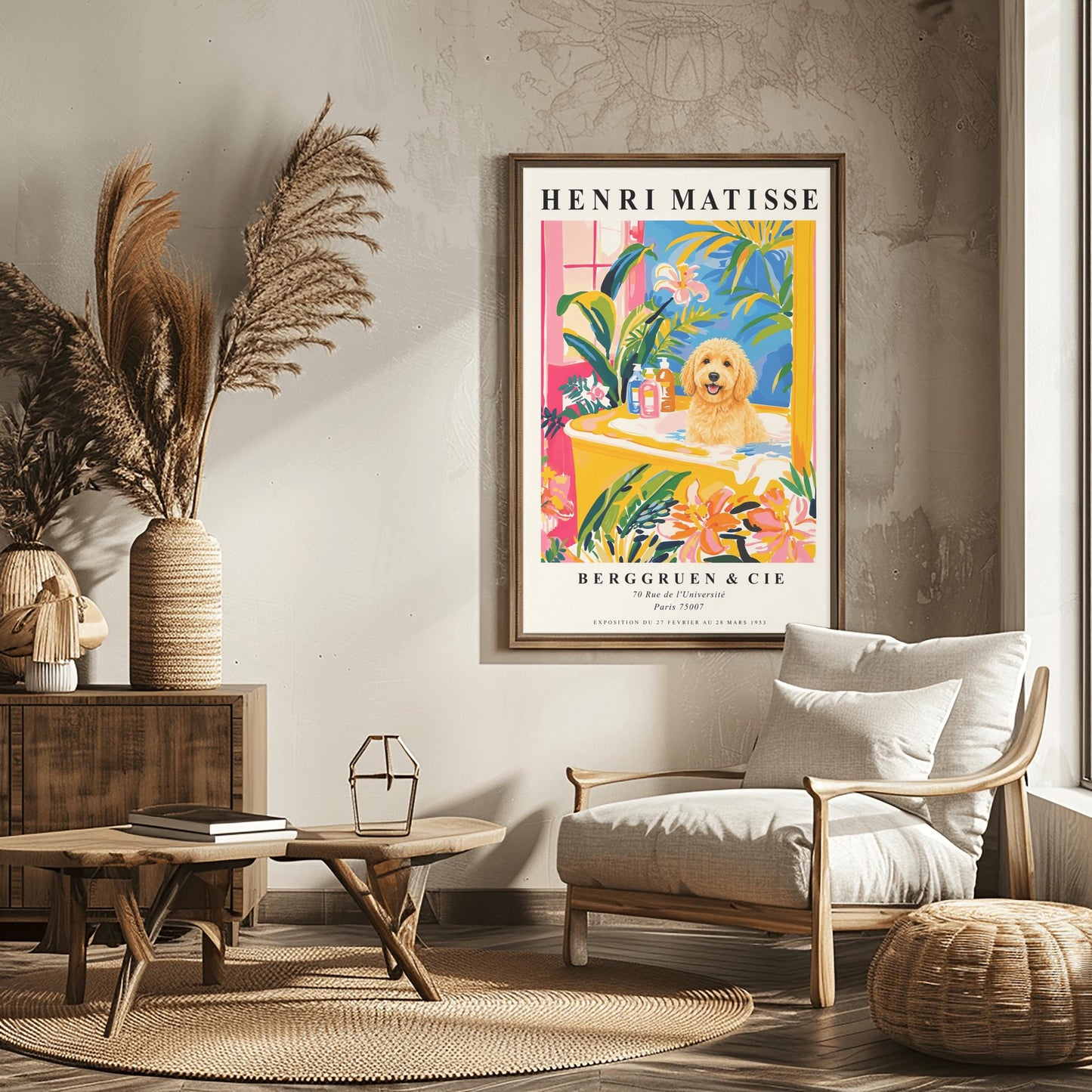 A vertical minimalist fine art exhibition poster in the style of Henri Matisse, shown framed on a wall above a luxury white bathtub. The poster has a wide white border with bold black text reading "HENRI MATISSE" and "BERGGRUEN & CIE". In the center painting, a fluffy golden doodle dog sits happily inside a yellow bathtub surrounded by vibrant pink, blue, and green tropical plants and orange flowers.