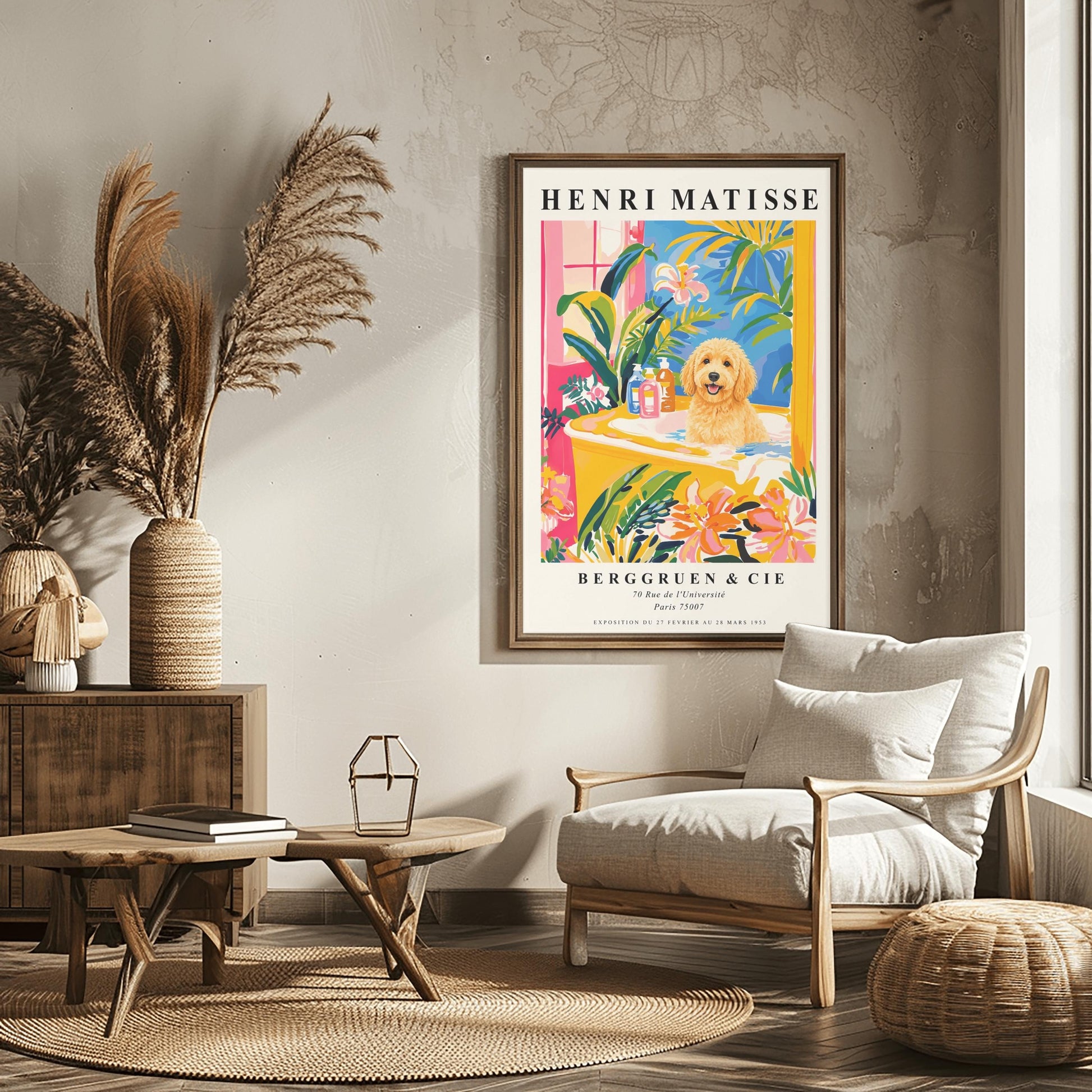 A vertical minimalist fine art exhibition poster in the style of Henri Matisse, shown framed on a wall above a luxury white bathtub. The poster has a wide white border with bold black text reading "HENRI MATISSE" and "BERGGRUEN & CIE". In the center painting, a fluffy golden doodle dog sits happily inside a yellow bathtub surrounded by vibrant pink, blue, and green tropical plants and orange flowers.