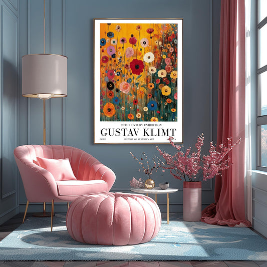 A vertical museum exhibition poster featuring a colorful wildflower meadow in the style of Gustav Klimt. Red, blue, and yellow flowers on thin stalks grow against an amber background. Below the image, bold black text reads "GUSTAV KLIMT" and "20TH CENTURY EXHIBITION" against a white border.