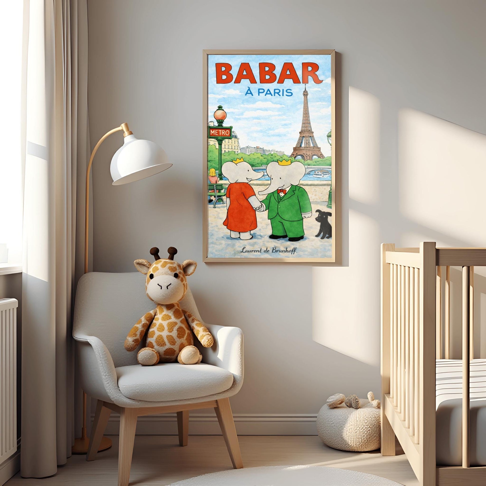 A vertical children's illustration poster titled "BABAR À PARIS" in large red and blue letters. King Babar, in a green suit, and Queen Celeste, in a red dress, are holding hands on a sidewalk in Paris. The Eiffel Tower is visible in the background across a river with a stone bridge and boat. To the left is a green "METRO" sign, and a small black dog sits to the right. The name "Laurent de Brunhoff" is at the bottom.