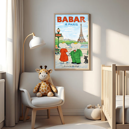 A vertical children's illustration poster titled "BABAR À PARIS" in large red and blue letters. King Babar, in a green suit, and Queen Celeste, in a red dress, are holding hands on a sidewalk in Paris. The Eiffel Tower is visible in the background across a river with a stone bridge and boat. To the left is a green "METRO" sign, and a small black dog sits to the right. The name "Laurent de Brunhoff" is at the bottom.
