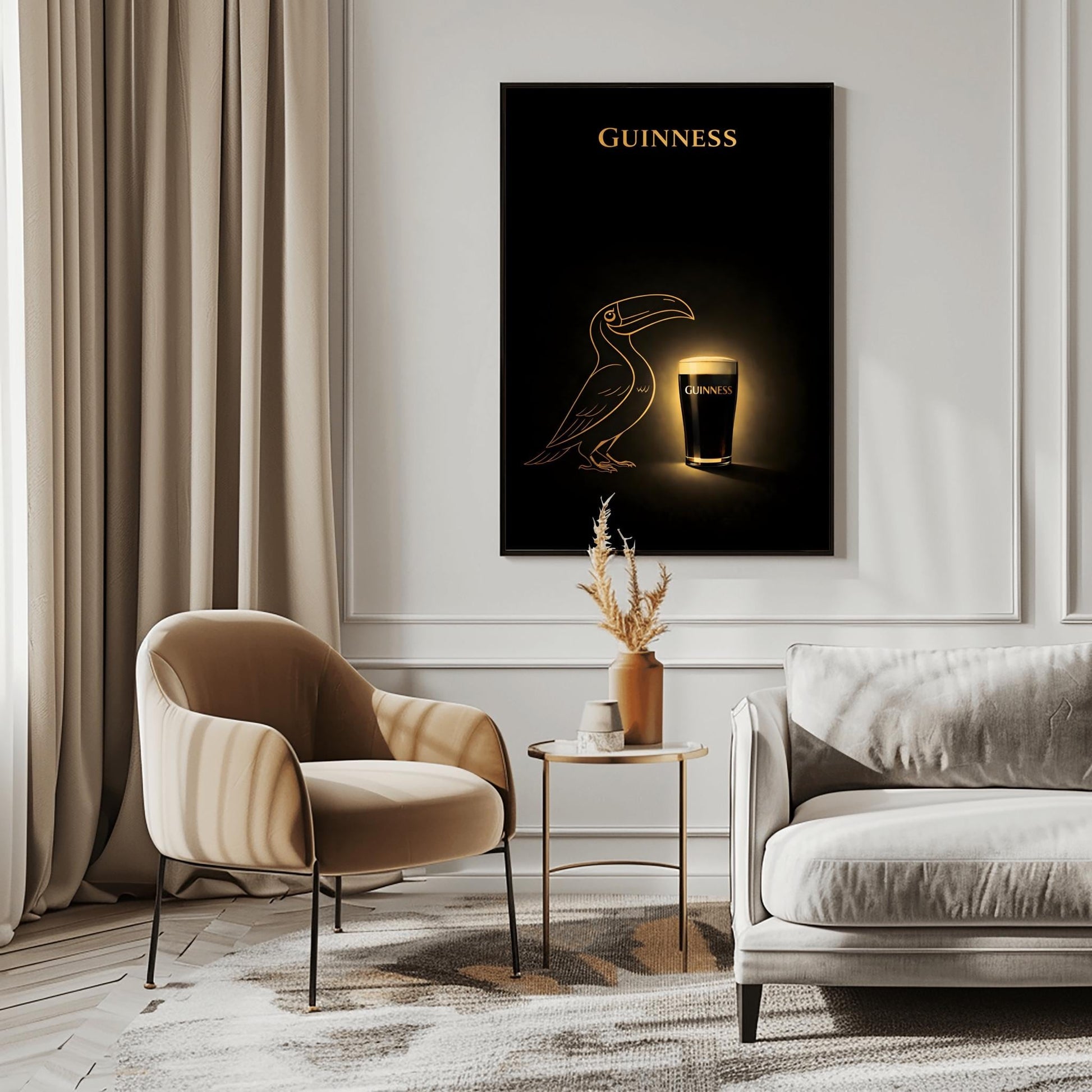 A vertical minimalist poster with a deep black background. In the center, a golden line-art silhouette of a toucan faces a glowing, realistic pint of Guinness beer. The pint has a bright white head and gold text. At the top, the word "GUINNESS" is written in gold.