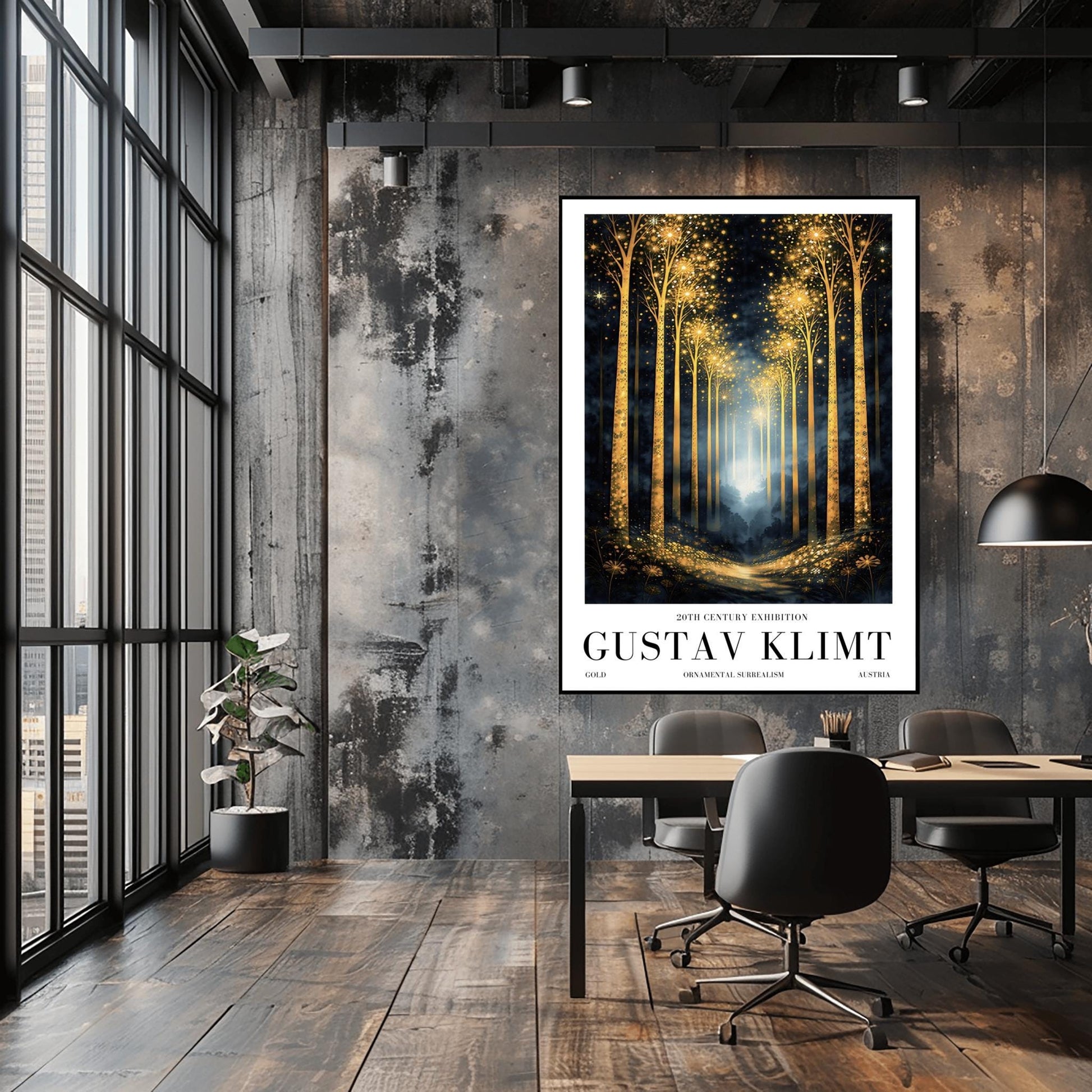 A vertical full-bleed illustration of a birch forest at night in the style of Gustav Klimt. The slender trunks are covered in golden patterns, and the tops of the trees explode into golden sparks and stars. A glowing golden path leads into a misty blue distance.