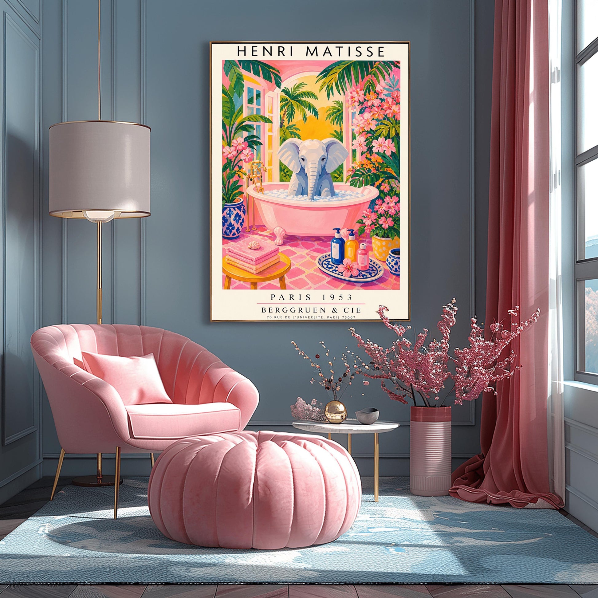 A vertical maximalist art print styled as a Henri Matisse exhibition poster. A light grey baby elephant is sitting in a large pink clawfoot bathtub filled with white bubbles. The bathroom features hot pink tiled floors, vibrant pink flowers, and lush green tropical plants. In the background, an arched window shows a bright golden sunset with palm tree silhouettes. A small yellow stool with towels and various blue and yellow ceramic vases decorate the room.