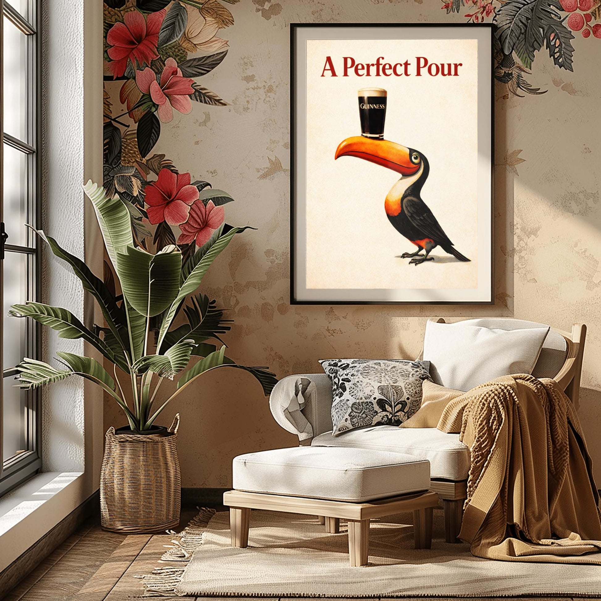 A vertical minimalist vintage-style poster. A colorful toucan with a bright orange beak balances a single pint of dark Guinness beer on its bill. The background is a clean, textured cream color. Bold red text at the top reads "A Perfect Pour."