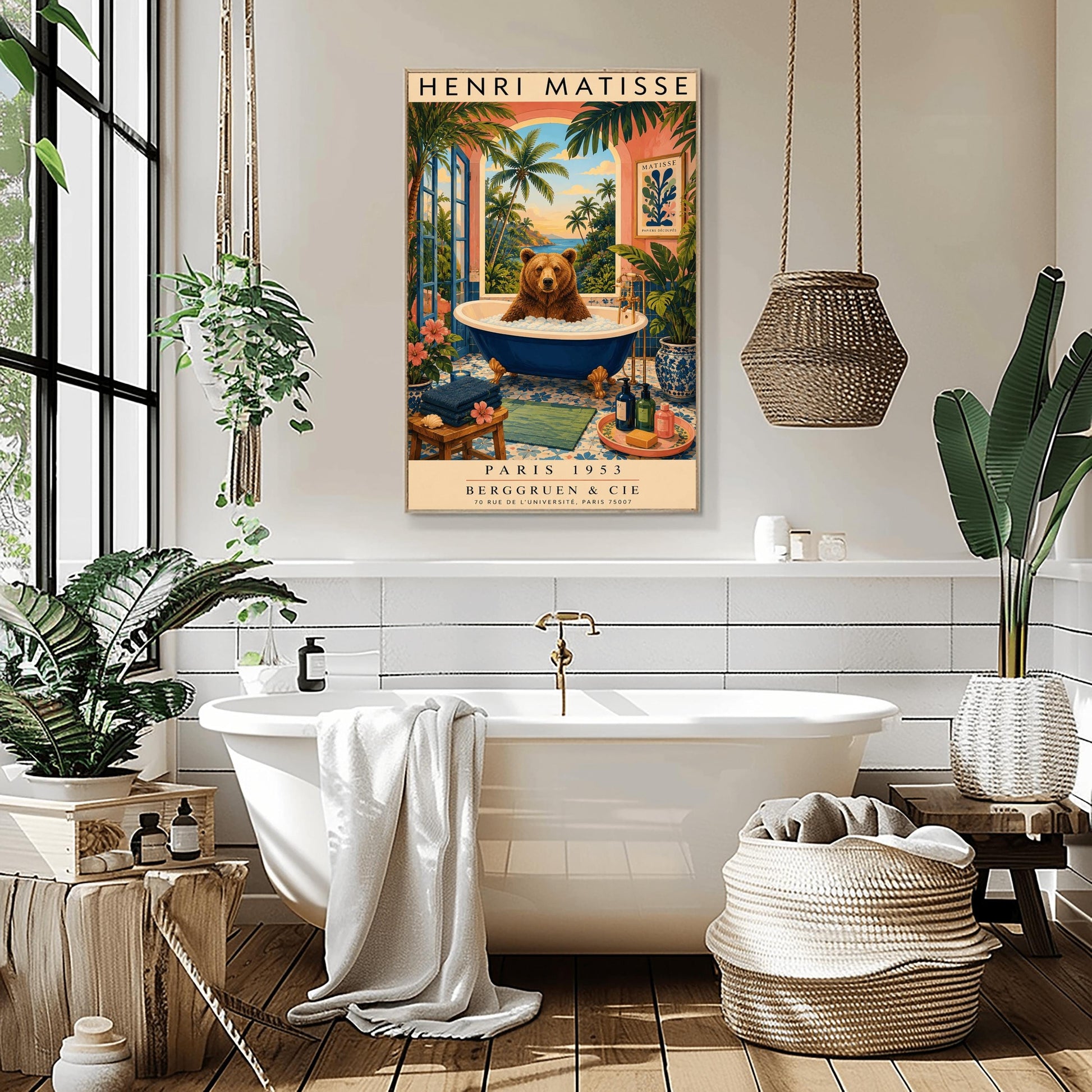 A vertical retro Henri Matisse exhibition poster on a wide cream border. The main image shows a surreal illustration of a large brown bear taking a bubble bath in a navy blue clawfoot tub with gold feet. The bathroom features blue patterned floor tiles, a pink wall with a framed Matisse cut-out poster, and a massive open arch window overlooking a tropical beach with palm trees and a blue ocean at sunset