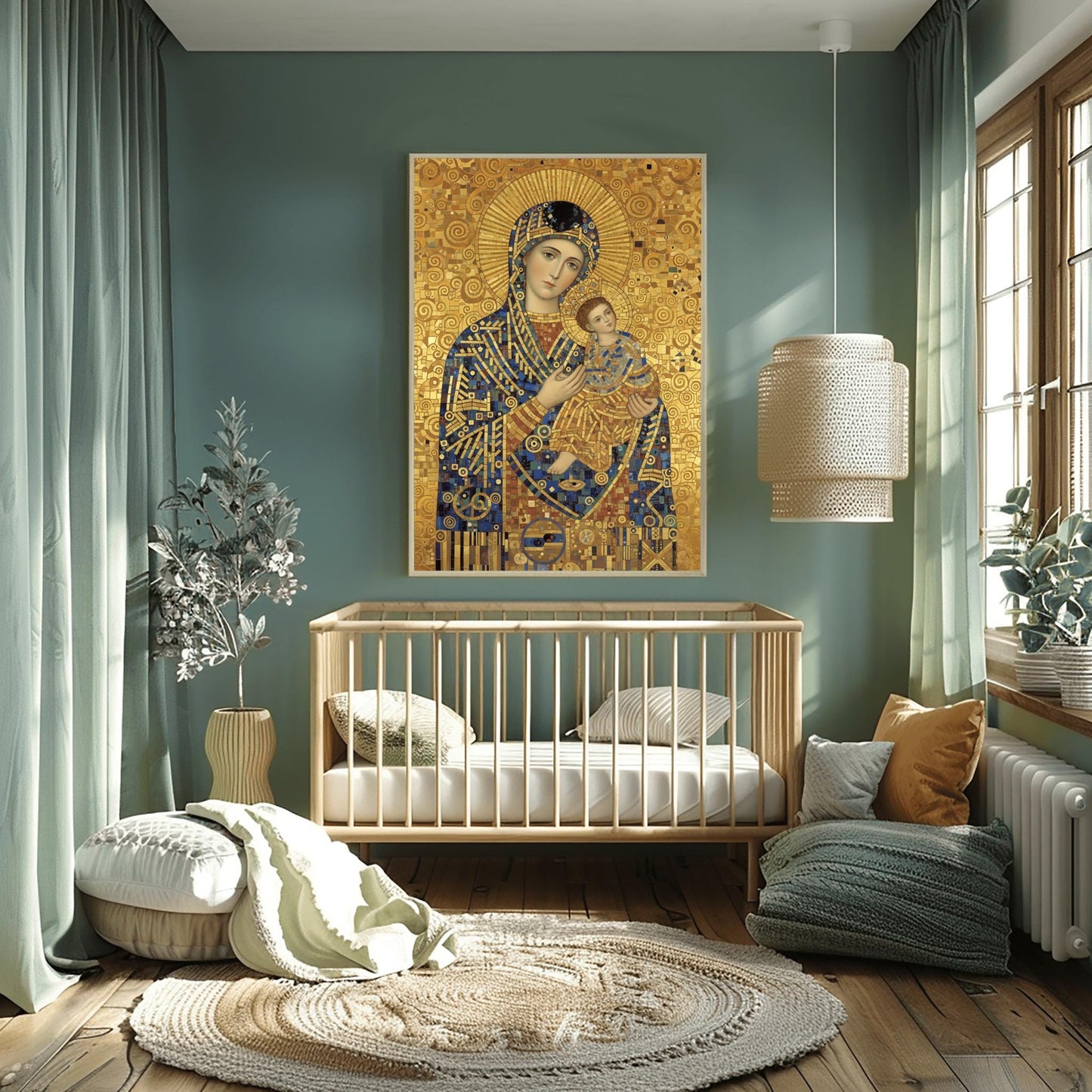 A vertical fine art print in the style of Gustav Klimt. A Madonna and Christ Child are depicted in a modern Byzantine style. Their robes are made of intricate gold and blue mosaic patterns. The Madonna has a large gold ray halo, and the entire background is a textured gold leaf with swirling spiral motifs.