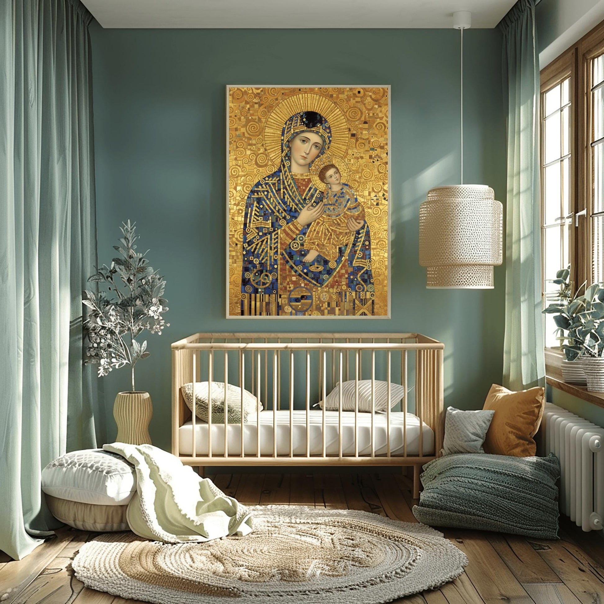 A vertical fine art print in the style of Gustav Klimt. A Madonna and Christ Child are depicted in a modern Byzantine style. Their robes are made of intricate gold and blue mosaic patterns. The Madonna has a large gold ray halo, and the entire background is a textured gold leaf with swirling spiral motifs.