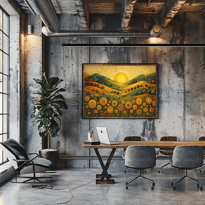 A horizontal landscape illustration in a mosaic style. A large golden sun is centered in a tiled sky above rolling hills of teal, gold, and orange. The hills are populated with small rounded trees. The foreground is a dense field of intricate, circular mandala-style flowers.