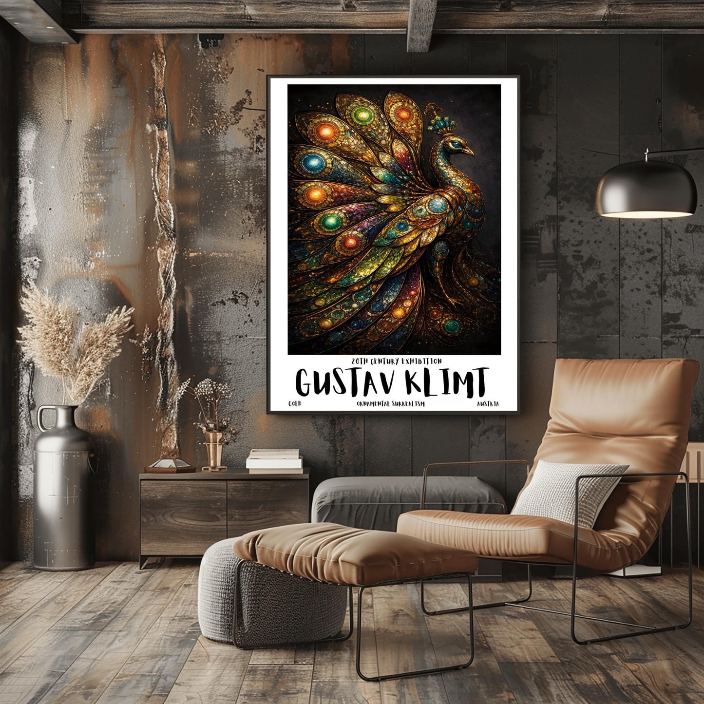 A vertical exhibition poster for Gustav Klimt. A peacock is shown in profile with a large, spread-out tail made of golden mosaic patterns and glowing jewel-toned circles in green, blue, and amber. The background is dark, and the bottom features bold text reading "GUSTAV KLIMT."