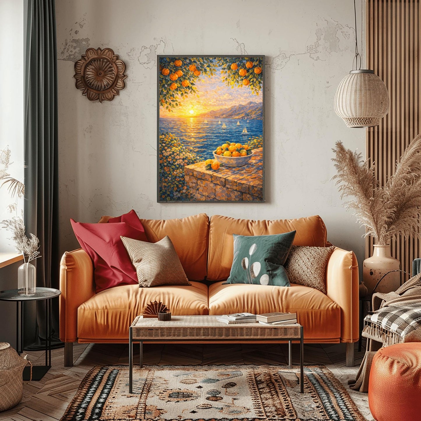 A vertical painterly illustration of a Mediterranean sunset. A low sun shines over a blue sea with sailboats, casting a golden reflection. In the foreground, a bowl of oranges sits on a stone wall. Orange tree branches frame the top of the scene.
