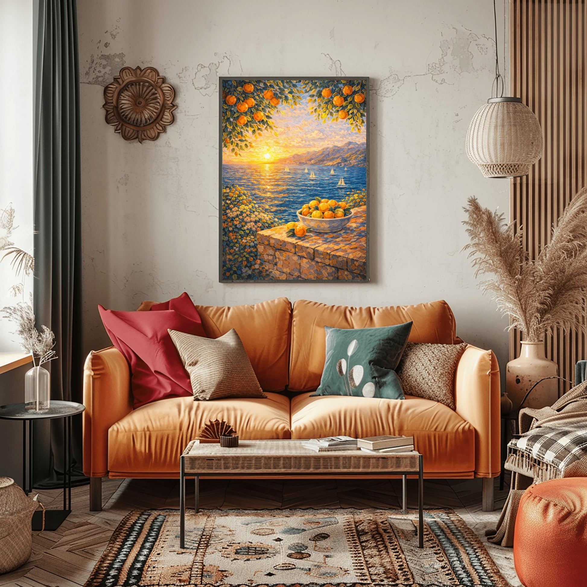 A vertical painterly illustration of a Mediterranean sunset. A low sun shines over a blue sea with sailboats, casting a golden reflection. In the foreground, a bowl of oranges sits on a stone wall. Orange tree branches frame the top of the scene.