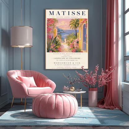 A French exhibition poster titled "MATISSE" at the top, featuring a pastel-toned painting of a Mediterranean coastal scene. A pathway lined with pink flowers, green agave plants, and yellow villas leads toward a blue sea and distant hills under a pink and gold sunset sky. A tall palm tree stands on the right. Elegant typography below the artwork text reads "Exposition Landscape at Collioure, Berggruen & Cie, Paris."
