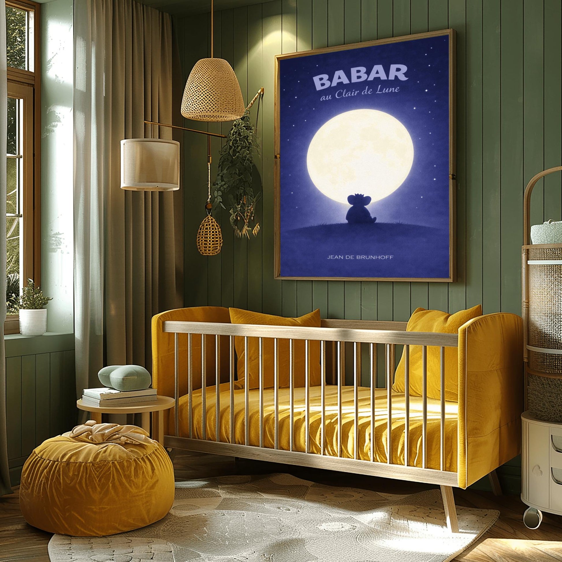 A vertical children's illustration poster titled "BABAR au Clair de Lune" in light blue. The scene shows the dark silhouette of an elephant (Babar) wearing a crown, sitting on a dark hill. A large, bright white full moon is centered behind him. The sky is a deep indigo blue filled with many small, twinkling white stars. The name "JEAN DE BRUNHOFF" is at the bottom.