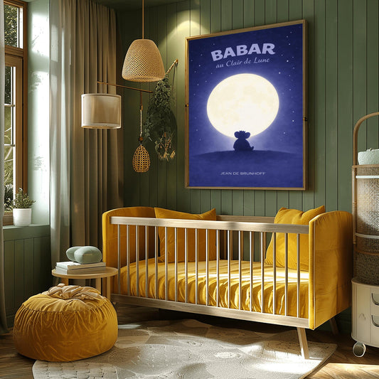 A vertical children's illustration poster titled "BABAR au Clair de Lune" in light blue. The scene shows the dark silhouette of an elephant (Babar) wearing a crown, sitting on a dark hill. A large, bright white full moon is centered behind him. The sky is a deep indigo blue filled with many small, twinkling white stars. The name "JEAN DE BRUNHOFF" is at the bottom.