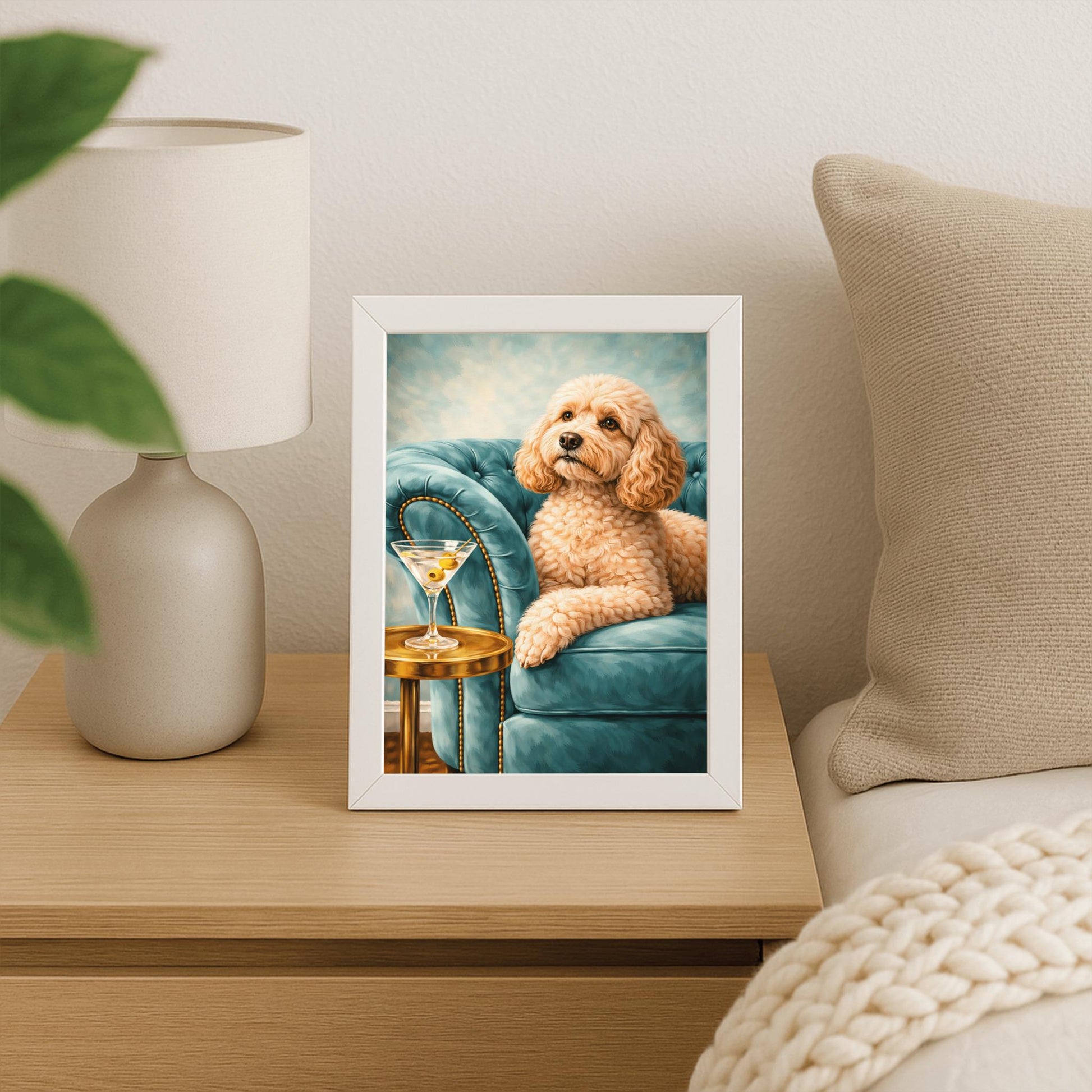A vertical oil-style painting of a fluffy, tan-colored cockapoo with big brown eyes sitting on a plush, light teal velvet tufted sofa. To the left, a martini glass with two olives sits on a round, polished gold side table. The background is a soft, textured sky blue, and the overall lighting is bright and elegant.