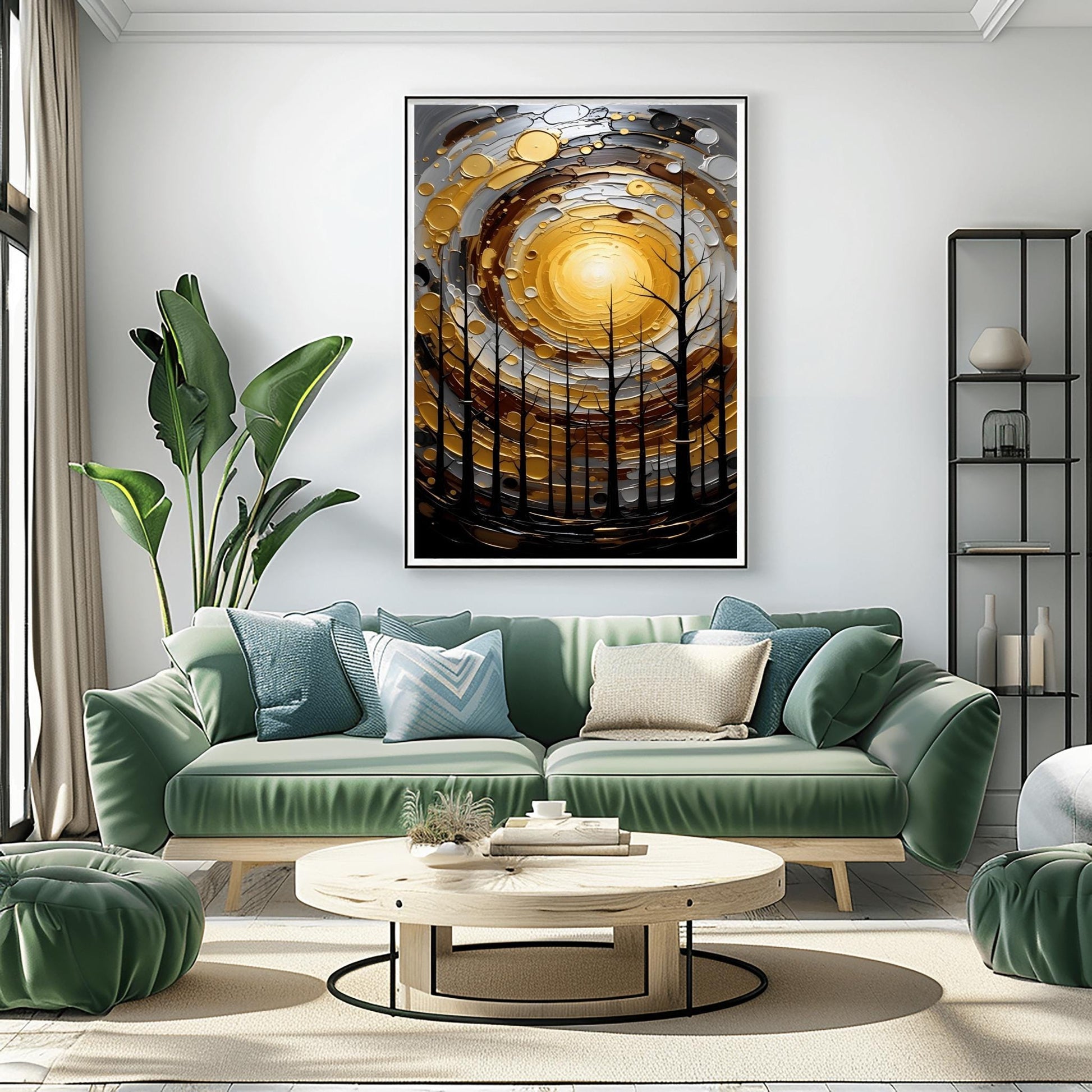 A vertical abstract painting in the style of Gustav Klimt. A group of black, silhouetted tree trunks stand in the foreground against a massive, swirling sun composed of concentric rings of gold, silver, and cream. The background is a dark, moody grey. The style features heavy, thick paint textures and metallic-looking circular accents scattered throughout.