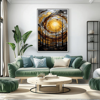 A vertical abstract painting in the style of Gustav Klimt. A group of black, silhouetted tree trunks stand in the foreground against a massive, swirling sun composed of concentric rings of gold, silver, and cream. The background is a dark, moody grey. The style features heavy, thick paint textures and metallic-looking circular accents scattered throughout.