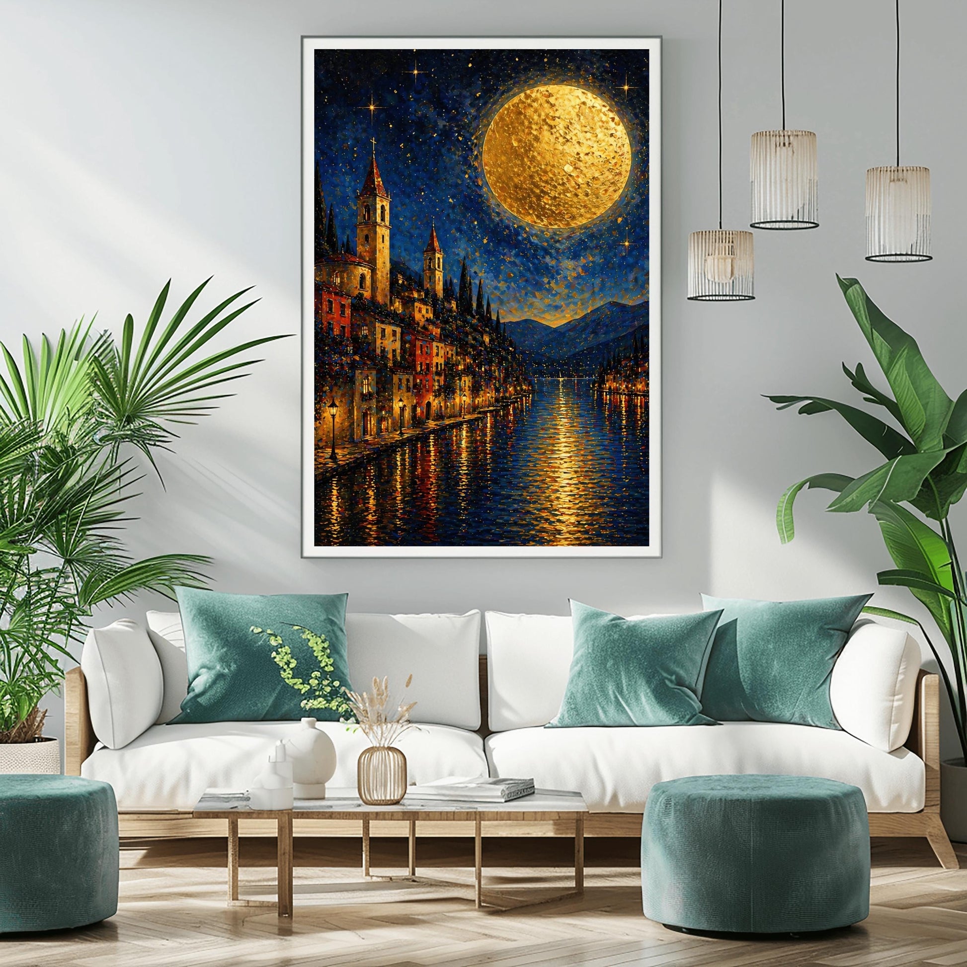 A vertical art print in a decorative mosaic style inspired by Gustav Klimt. A steep lakeside village with warm-lit windows and tall, pointed church spires rises from the edge of dark blue water. A massive, textured golden moon dominates the upper right of a starry night sky. The lights of the town and the moon reflect in long, vertical golden lines on the rippled water surface. Dark blue mountains are visible in the background.