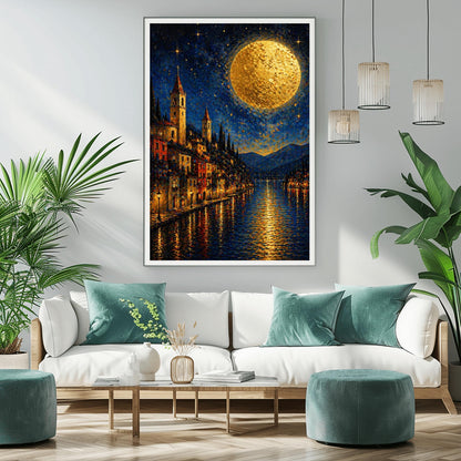 A vertical art print in a decorative mosaic style inspired by Gustav Klimt. A steep lakeside village with warm-lit windows and tall, pointed church spires rises from the edge of dark blue water. A massive, textured golden moon dominates the upper right of a starry night sky. The lights of the town and the moon reflect in long, vertical golden lines on the rippled water surface. Dark blue mountains are visible in the background.