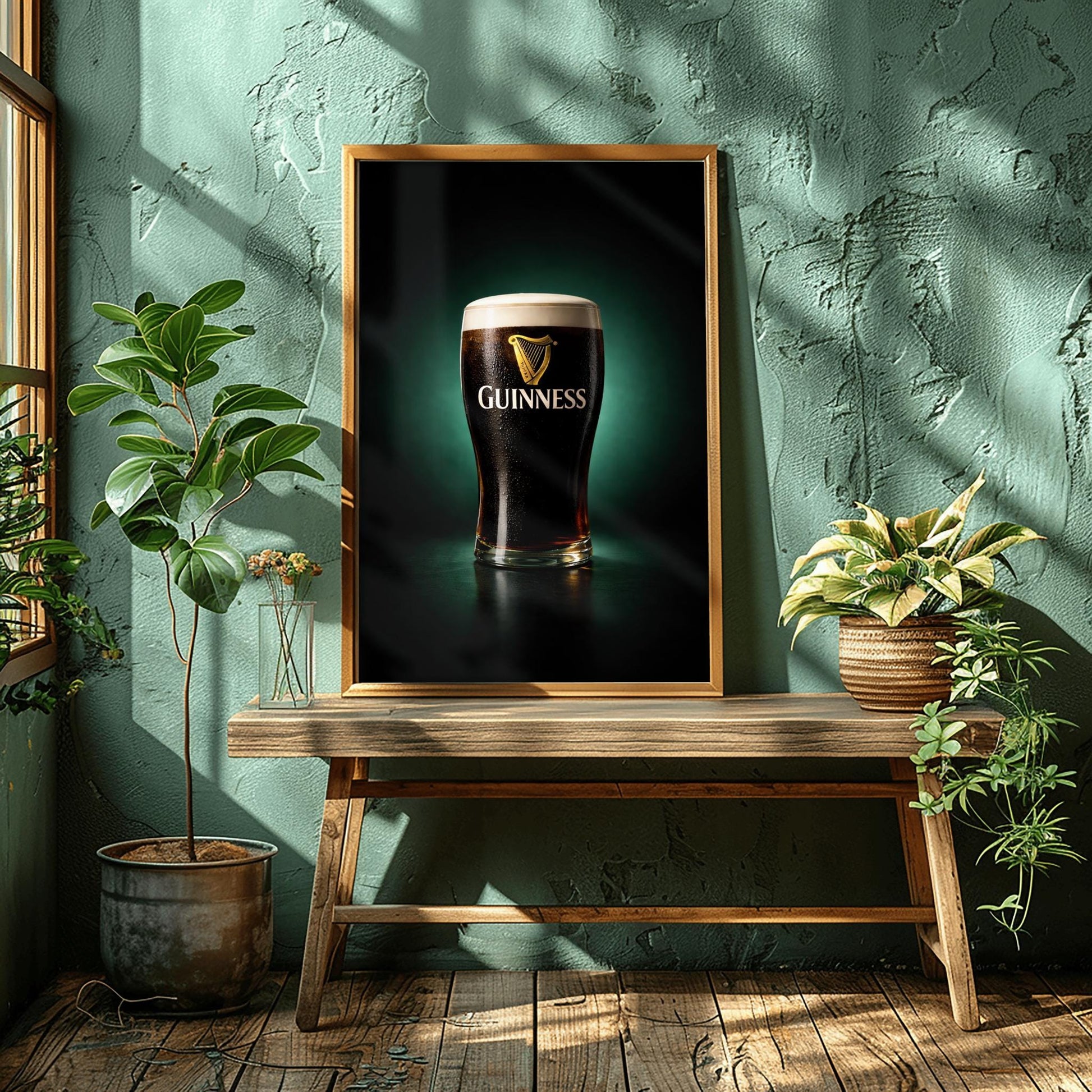 A vertical hyper-realistic photograph of a pint of Guinness centered against a dark background with a soft emerald green glow. The glass is covered in light condensation and features the gold Guinness logo. The foam is thick and white, and a slight ruby-red glow is visible at the bottom of the dark liquid.