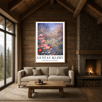 A vertical fine art landscape in the style of Gustav Klimt. A vast valley is filled with a dense sea of pink, red, blue, and white wildflowers. Large pink poppies are in the foreground, and the field stretches back to a hazy, sun-drenched horizon under a soft blue sky.