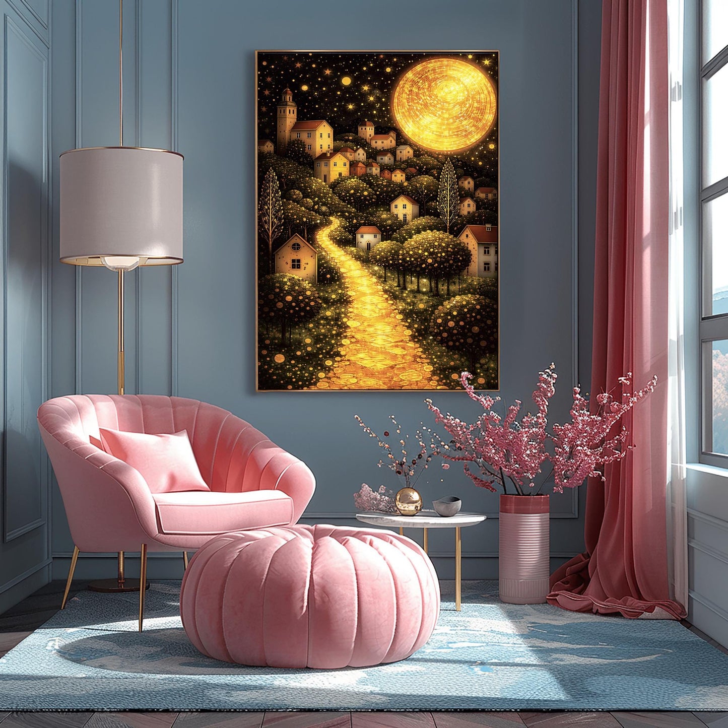 A vertical fine art landscape in the style of Gustav Klimt. A huge, textured golden moon shines in a starry night sky. A glowing golden path winds up a hillside past trees filled with shimmering golden dots toward a village of small houses with lit windows.