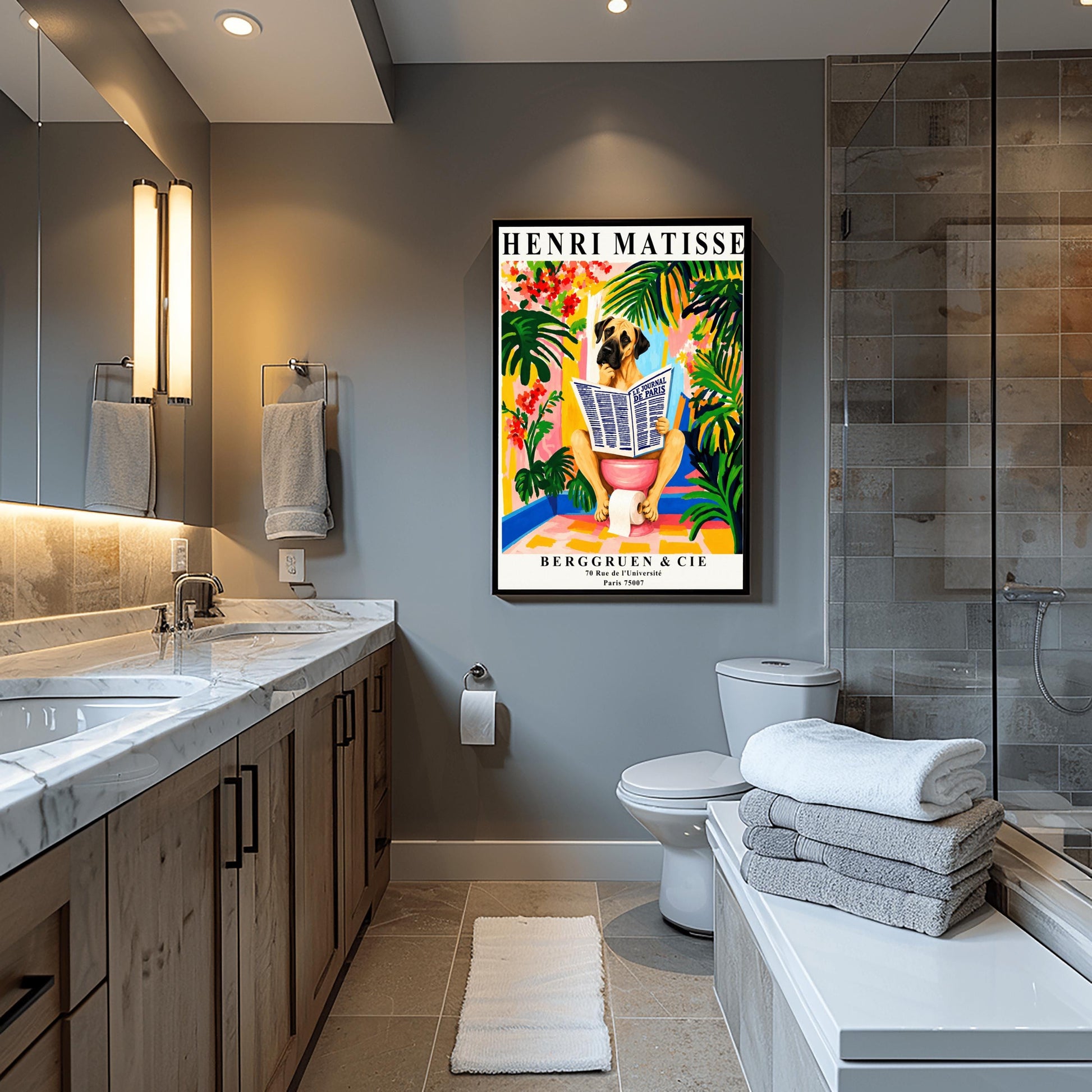 A vertical retro exhibition poster for Henri Matisse set on a wide cream border. The central image shows a colorful, painterly Fauvism illustration of a large Great Dane dog sitting on a pink toilet. The dog has its paw on its chin, thoughtfully reading a large newspaper titled "LE JOURNAL DE PARIS". The background is a vibrant bathroom filled with oversized green monstera leaves, tropical plants, yellow and pink walls, and red flowers.