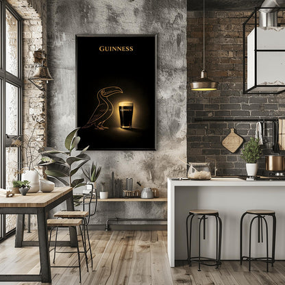 A vertical minimalist poster with a deep black background. In the center, a golden line-art silhouette of a toucan faces a glowing, realistic pint of Guinness beer. The pint has a bright white head and gold text. At the top, the word "GUINNESS" is written in gold.