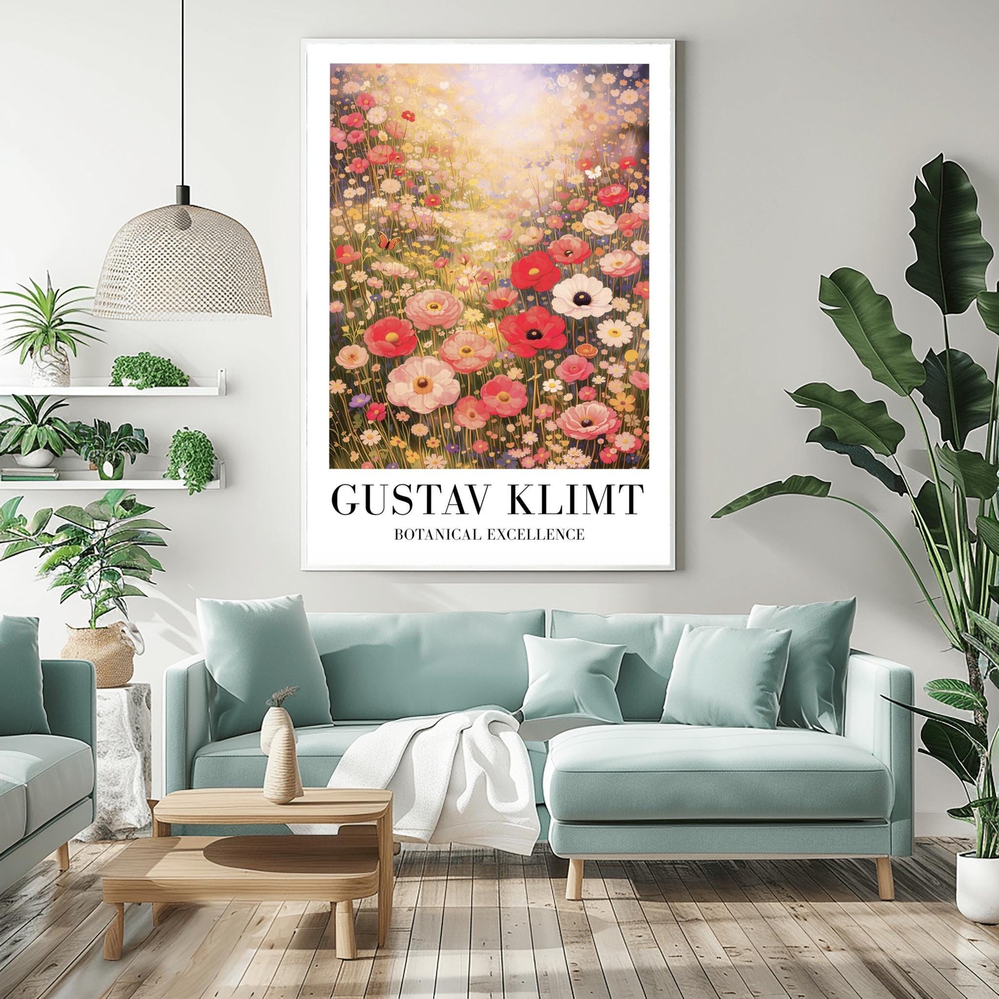 A vertical museum exhibition poster in the style of Gustav Klimt. A vast meadow of pink, red, and white wildflowers is bathed in bright, hazy sunlight from above. Large poppies are in the foreground, with a small butterfly on the left. Below the image, bold black text reads "GUSTAV KLIMT" and "BOTANICAL EXCELLENCE" on a white border.
