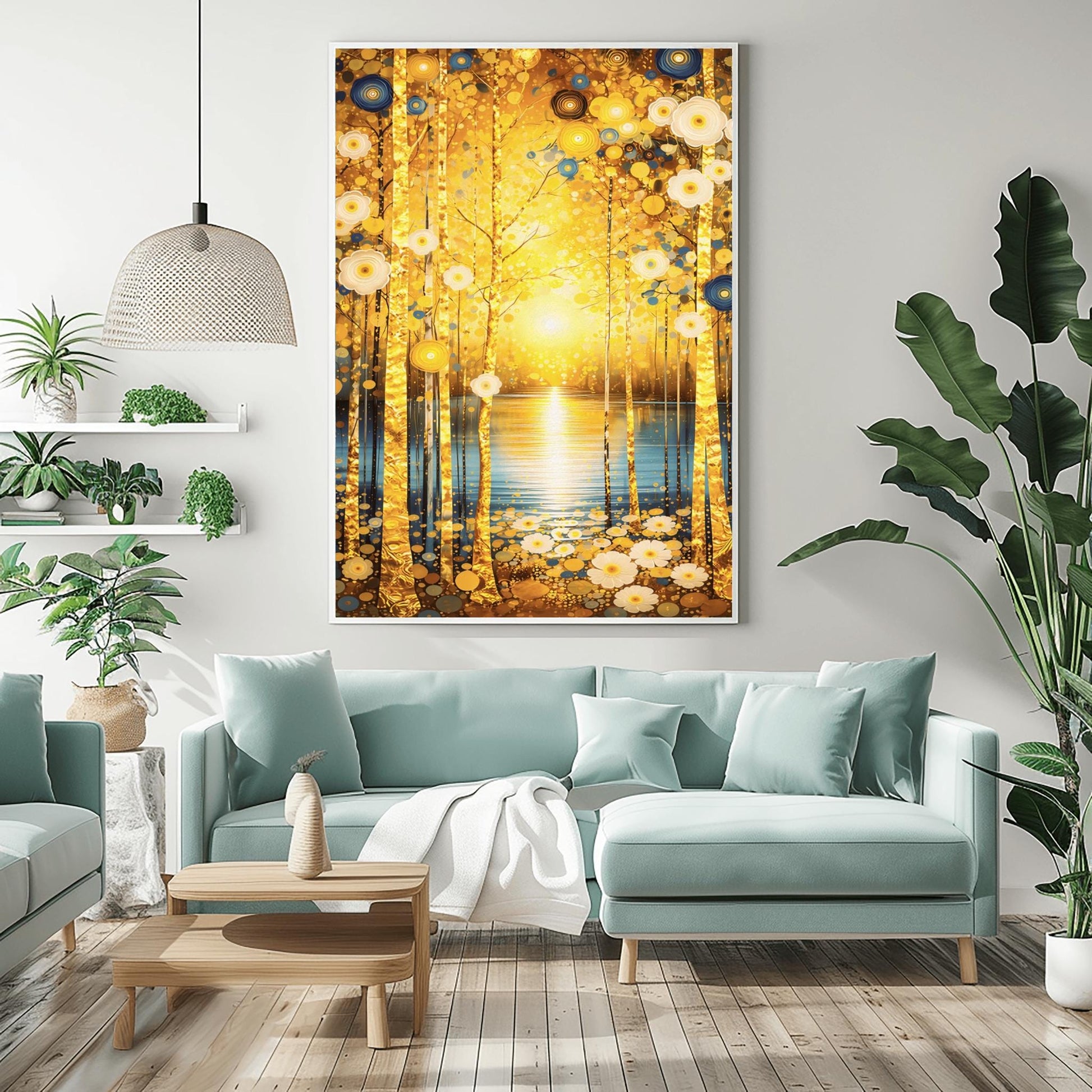 A vertical fine art landscape in the style of Gustav Klimt. Slender birch trees with textured gold leaf bark stand in the foreground. A brilliant sun sets over a calm blue lake in the background, creating a glowing reflection. The scene is decorated with stylized white daisies and blue circular floral motifs in an ornamental, symbolic style.