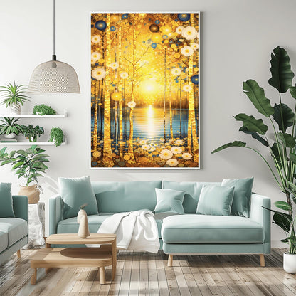 A vertical fine art landscape in the style of Gustav Klimt. Slender birch trees with textured gold leaf bark stand in the foreground. A brilliant sun sets over a calm blue lake in the background, creating a glowing reflection. The scene is decorated with stylized white daisies and blue circular floral motifs in an ornamental, symbolic style.