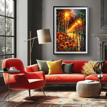A vertical art print in the style of Gustav Klimt. In the bottom left, a large cluster of stylized red and orange roses with golden spiral centers is prominent. A rain-dampened path reflects the warm yellow light from a line of ornate street lamps. A small black silhouette of a person holding an umbrella walks down the path. The trees and sky are filled with decorative mosaics and swirls in blue, gold, and orange.
