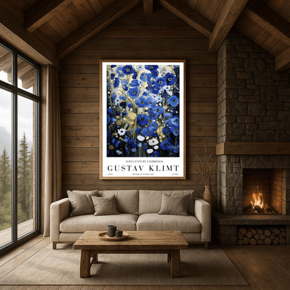 A vertical, highly detailed oil painting in the style of Gustav Klimt. The image is filled with a dense field of blue poppies in shades of cobalt, navy, and light blue. The flowers have dark centers and are surrounded by abstract cream and amber foliage. The brushwork is thick and textured, giving the appearance of a rich mosaic tapestry of flowers.