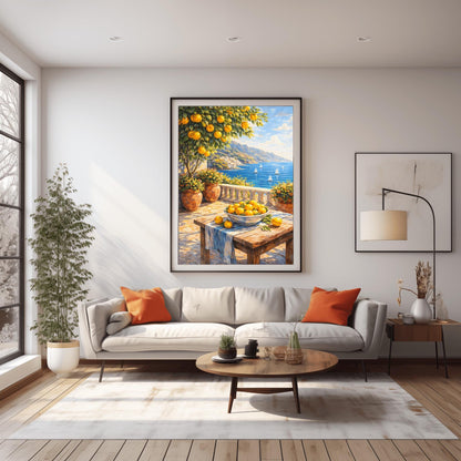 A vertical painterly illustration of a stone terrace overlooking a blue sea with sailboats. In the foreground, a wooden table holds a bowl of oranges and lemons. A citrus tree and flower-filled terracotta pots frame the view. Distant white-washed buildings sit on a coastline under a blue sky.