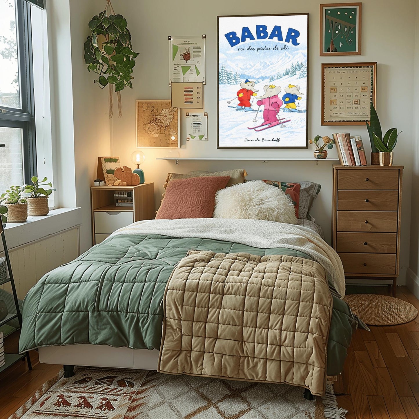 A vertical children's illustration poster titled "BABAR: roi des pistes de ski" in blue. Three elephants are skiing down a gentle, snow-covered slope. The central elephant wears a pink snowsuit and crown. To the left is an elephant in red, and to the right is one in blue and yellow. The background features snowy mountains and a pine forest under a light blue sky. The name "Jean de Brunhoff" is at the bottom.
