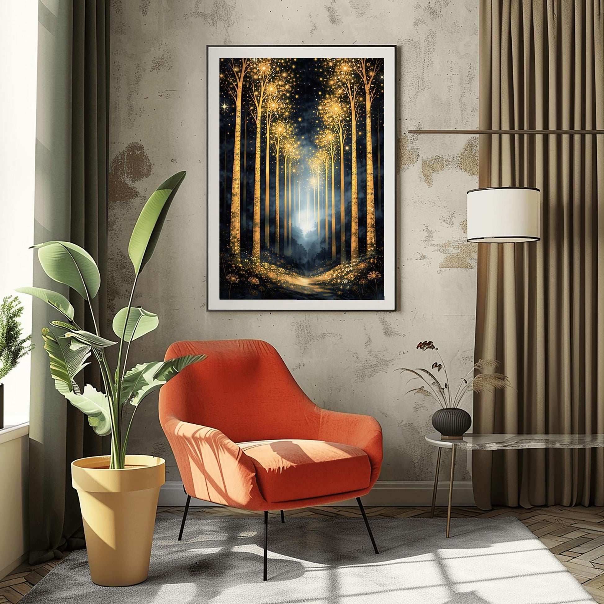 A vertical full-bleed illustration of a birch forest at night in the style of Gustav Klimt. The slender trunks are covered in golden patterns, and the tops of the trees explode into golden sparks and stars. A glowing golden path leads into a misty blue distance.