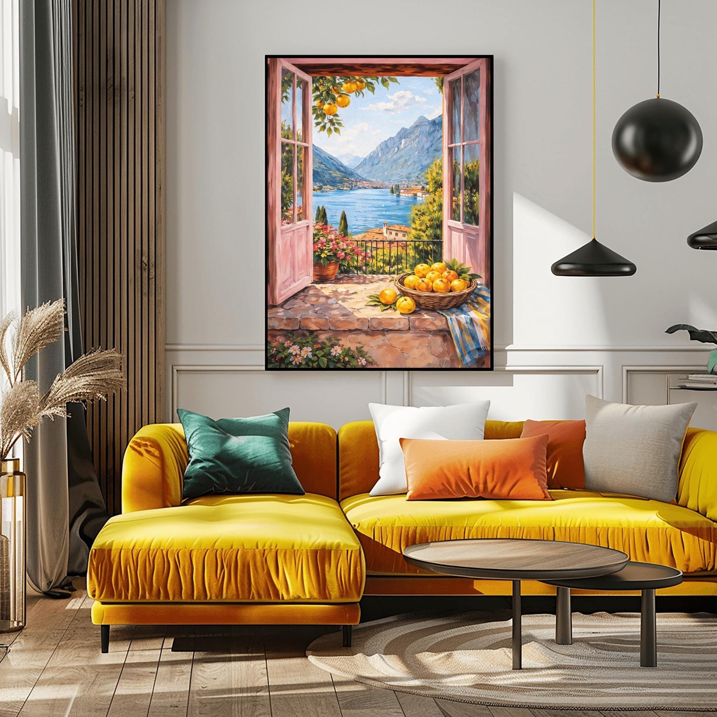 A vertical painterly illustration looking through open pink French doors onto a large blue lake surrounded by tall mountains. A woven basket of lemons sits on a stone ledge in the foreground next to a striped cloth and a pot of pink flowers.