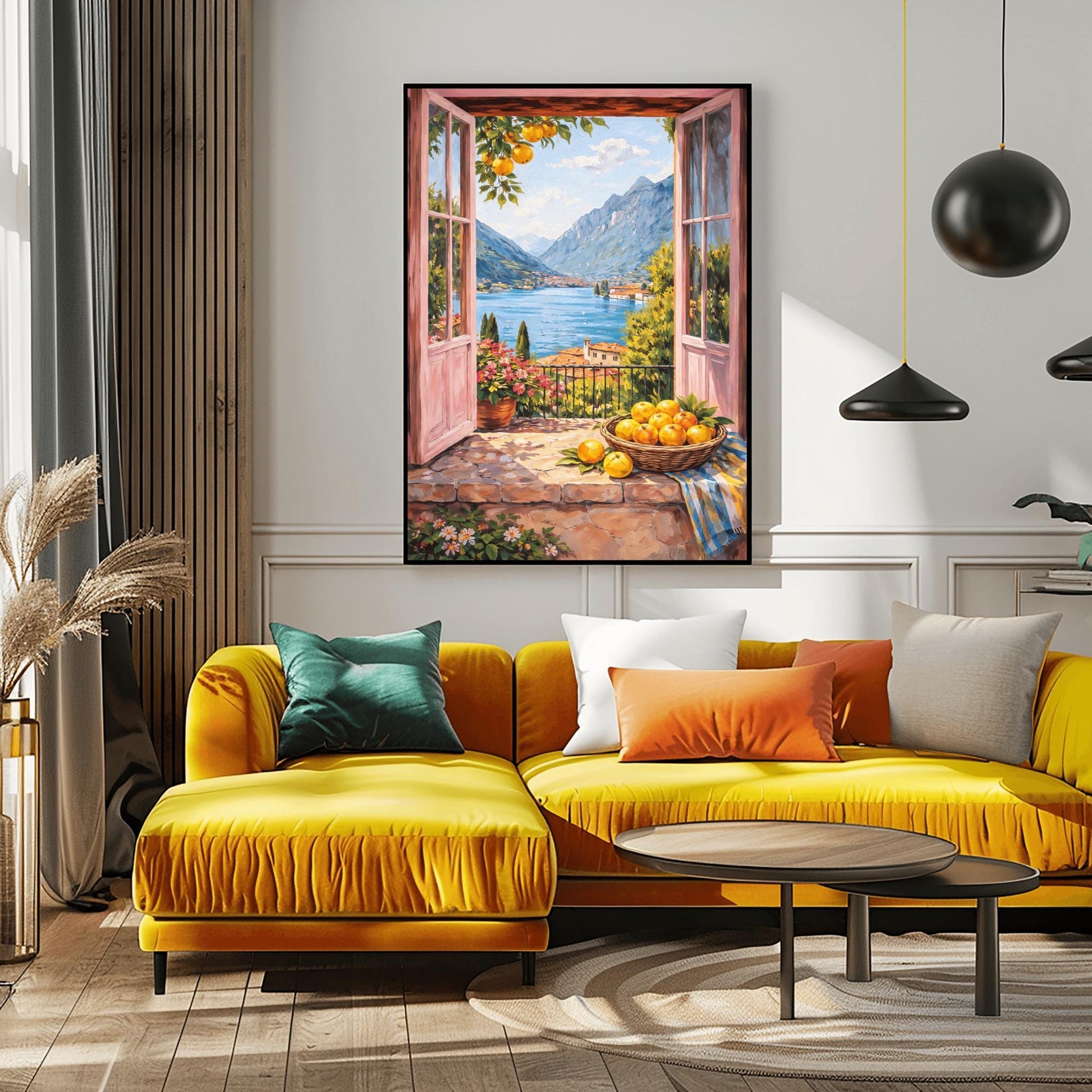 A vertical painterly illustration looking through open pink French doors onto a large blue lake surrounded by tall mountains. A woven basket of lemons sits on a stone ledge in the foreground next to a striped cloth and a pot of pink flowers.