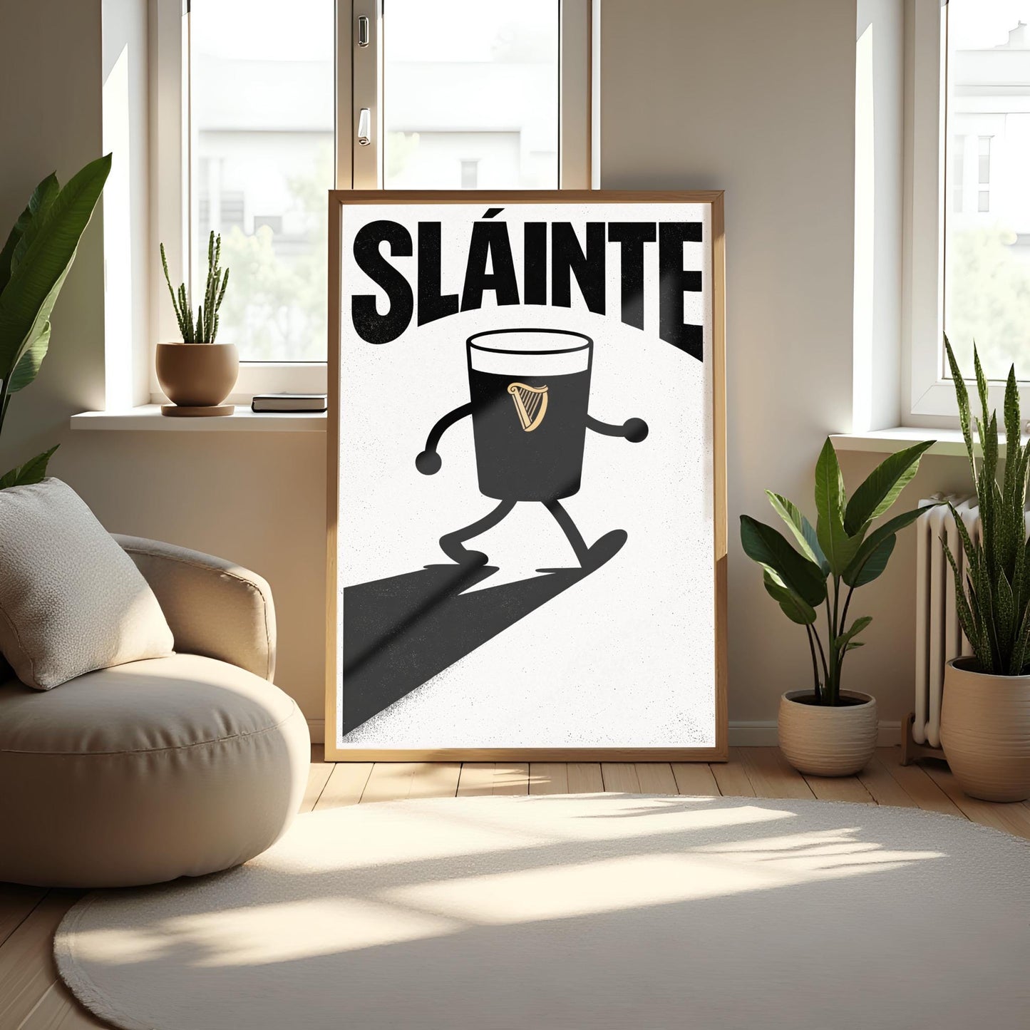 A vertical minimalist graphic in black and white. A pint of Guinness with thin black cartoon arms and legs is shown walking. The word "SLÁINTE" is arched at the top in a bold black font. The pint features a small gold harp logo.