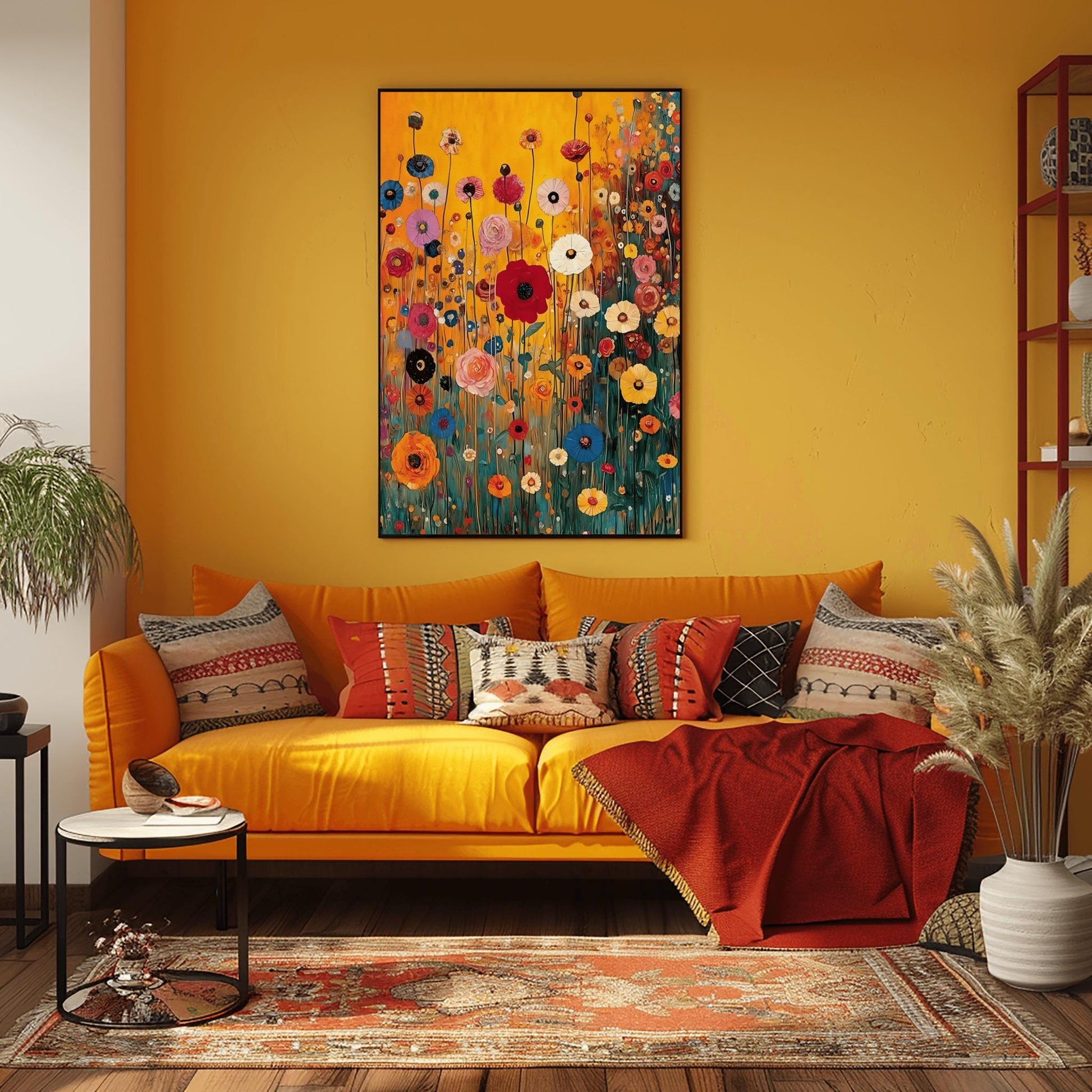 A vertical fine art print in the style of Gustav Klimt featuring a dense field of wildflowers. Red, blue, pink, and yellow flowers on long, thin green stalks grow against a solid amber-gold background. The painting features small ornamental dots and mosaic details throughout the meadow.