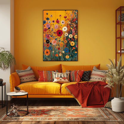 A vertical fine art print in the style of Gustav Klimt featuring a dense field of wildflowers. Red, blue, pink, and yellow flowers on long, thin green stalks grow against a solid amber-gold background. The painting features small ornamental dots and mosaic details throughout the meadow.