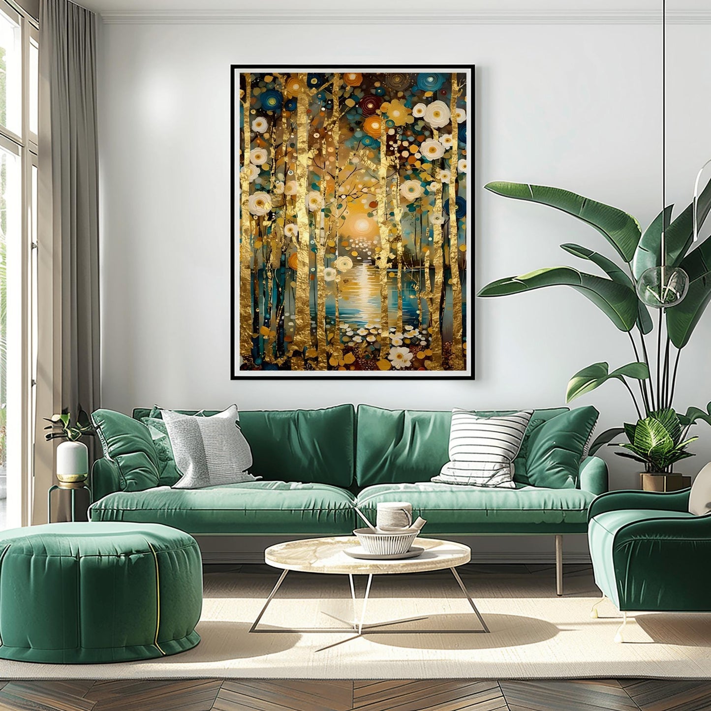 A vertical landscape painting in the style of Gustav Klimt. Slender birch tree trunks with gold-leaf textures stand in a dense forest. The ground is covered in stylized, mosaic-like circular flowers in cream, gold, and teal. In the background, a glowing sun reflects on a dark blue lake. The overall style is rich in texture with heavy impasto brushstrokes and a deep, opulent color palette.