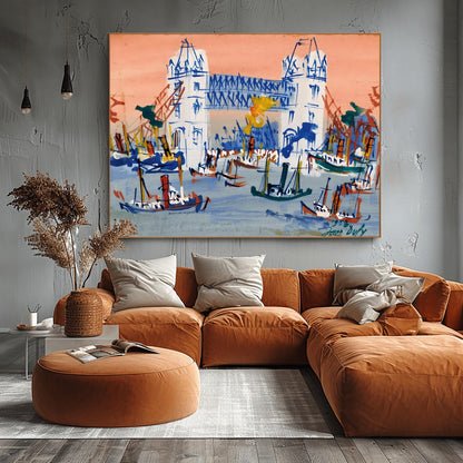 A horizontal expressionist painting of Tower Bridge in London by Jean Dufy. The bridge is rendered in white and blue lines against a coral pink sky. The River Thames in the foreground is filled with many small, sketchy blue and brown boats with smoke stacks.