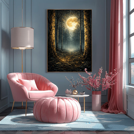 A vertical art print in the style of Gustav Klimt showing a dark forest at night. Tall, dark, silhouetted tree trunks frame a central path that leads toward a bright light in the distance. A massive, glowing golden moon with intricate textures dominates the upper center of the image. The base of the trees and the forest floor are sprinkled with shimmering gold mosaic patterns and light specks, contrasting sharply against the dark background.
