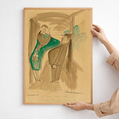 A vertical fine art exhibition poster showing an authentic 1955 sepia sketch by Ludwig Bemelmans titled "Wagon Lits". On a warm tan background with a wide white border, black brush ink lines depict a woman in a teal dress and a man passing each other in a train hallway while a green mountain bridge is visible out the window. A handwritten ink inscription reads "To My Pal Al Merry Christmas Ludwig Bemelmans 1955".