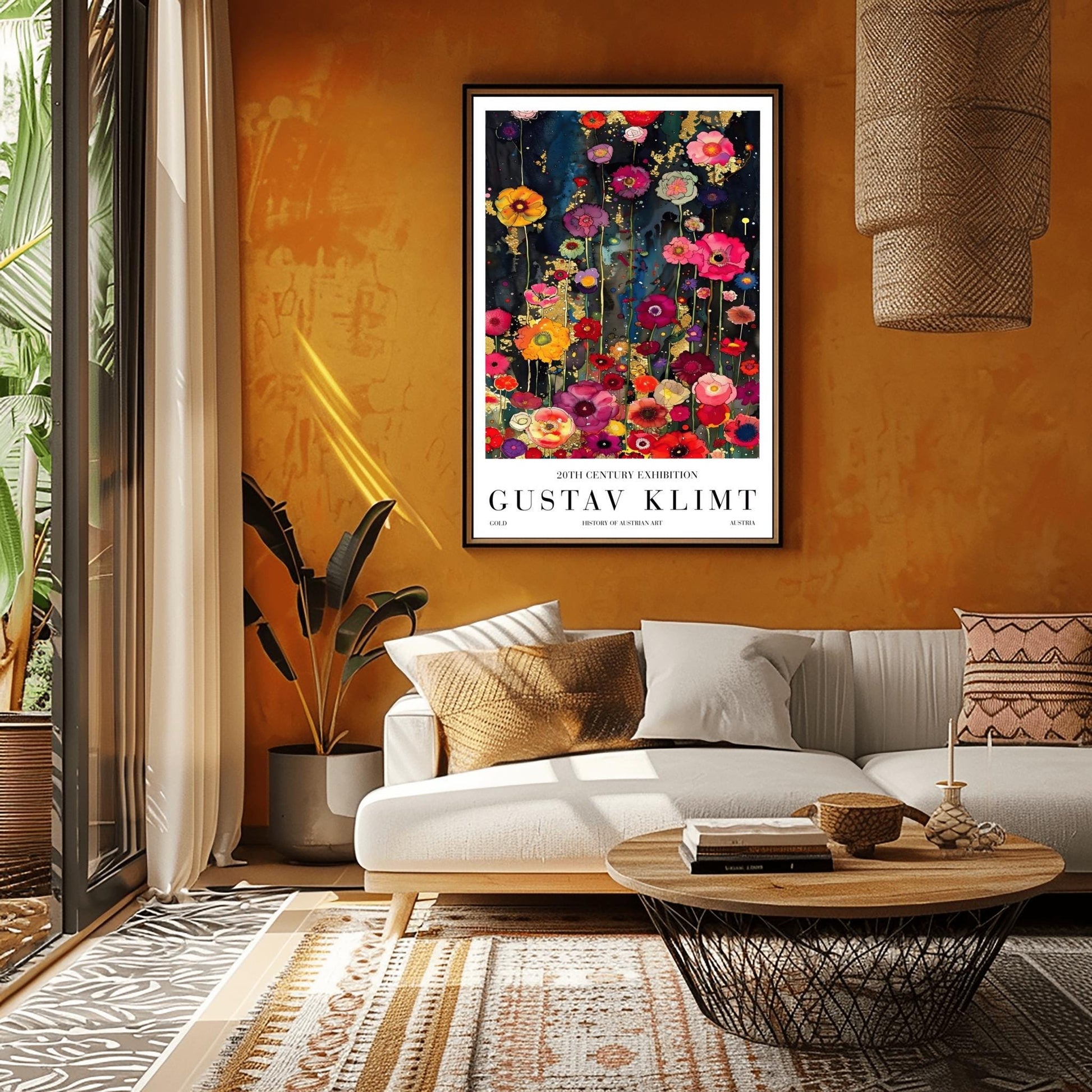 A vertical, highly detailed painting in the style of Gustav Klimt. A dense field of vibrant wildflowers in red, pink, orange, and purple grows against a dark indigo and black background. Shimmering gold-leaf patterns and "rain" effects are woven throughout the flowers. The style is rich in texture with a mosaic-like quality and heavy gold accents.